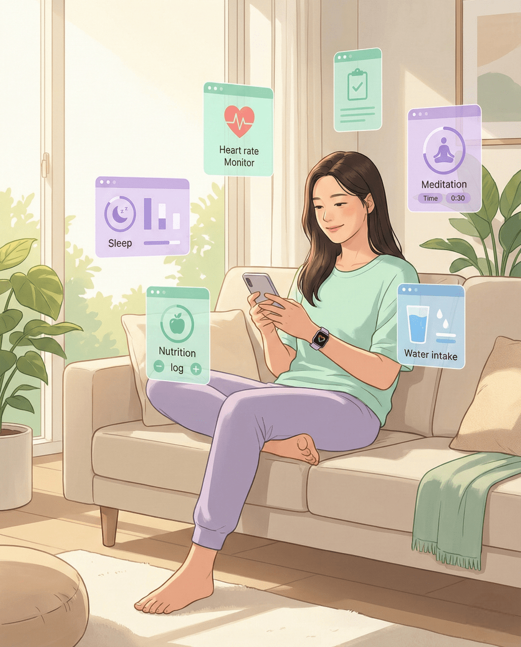 롱제비티 실천 앱을 사용하는 여성